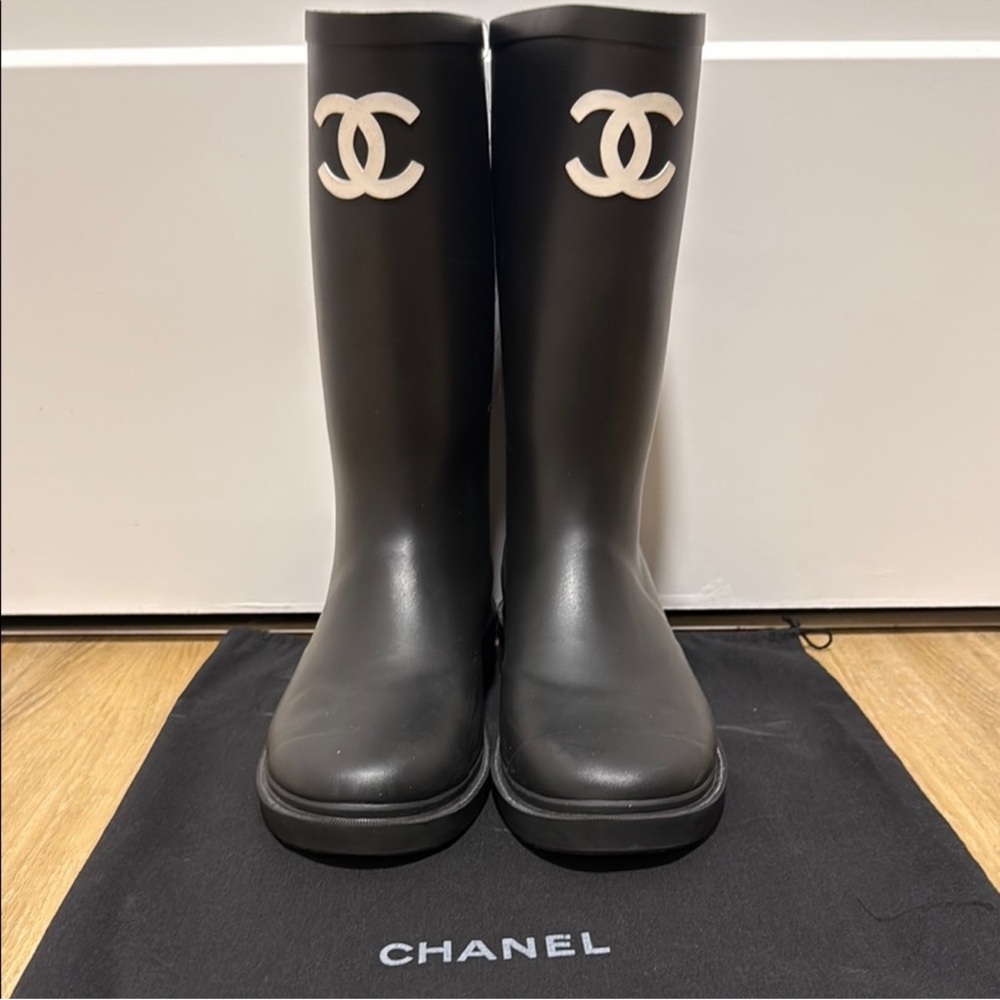CHANEL Black Boots with White Logo